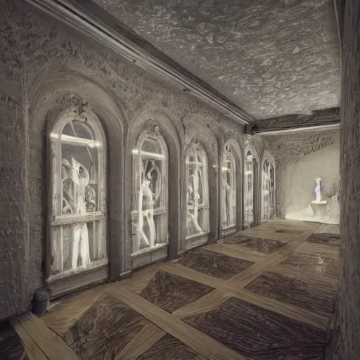Prompt: this place is so bizarre yet amazing the walls seem to be moving and the sculptures look like nothing I’ve ever seen before lights are gleaming out of the small window it’s truly beautiful, trending on artstation,