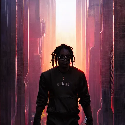 Image similar to cyberpunk, closeup portrait of a juice wrld, dramatic light, city background, sunset, dystopian setting, high contrast, sharp, neuromancer, henry dorsett case, painted by stanley lau, painted by greg rutkowski, painted by stanley artgerm, digital art, trending on artstation