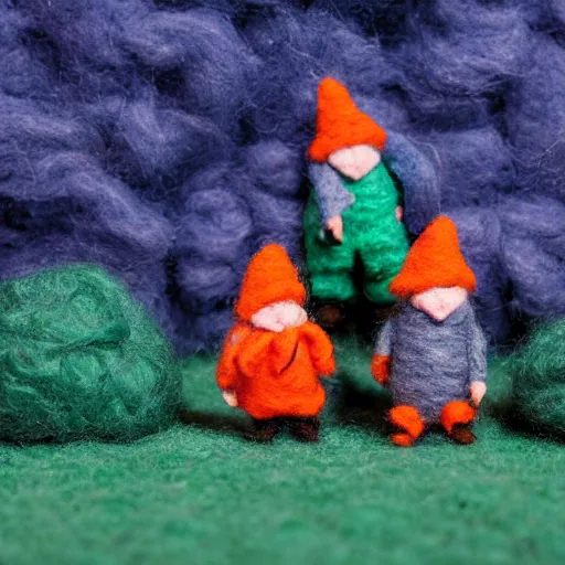 Image similar to a photography of little gnomes made out of wool on a stopmotion landscape made out of wool and yarn