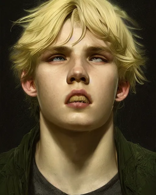 Image similar to portrait of 1 5 - year - old boy with blonde hair, round - face, with long toothed,, hyper realistic face, beautiful eyes, close up, fantasy art, in the style of greg rutkowski, intricate, alphonse mucha, hyper detailed, smooth