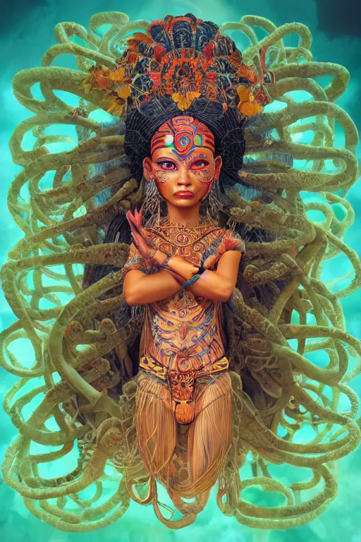 Image similar to an immaculate render of a dancing mayan goddess adorned with leaves and cables and bird wings parts, dancing in a temple surrounded by wild tentacles made from mandalas and incense smoke, full body, perfect face, powerful, cinematic, beautifully lit, by artgerm, by karol bak, 3 d, trending on artstation, octane render, 8 k