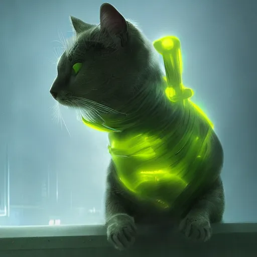 Prompt: moody atmospheric render of a cyborg cat with a chartreuse and teal color scheme by leon tukker