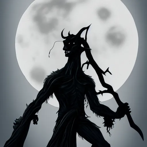 Image similar to gaunt bald pale white tiefling holding a staff made of gnarled wood, black raven sitting on staff, looming silhouette of undead god on horizon, three moons, illustration, sharp focus, highly detailed, digital painting