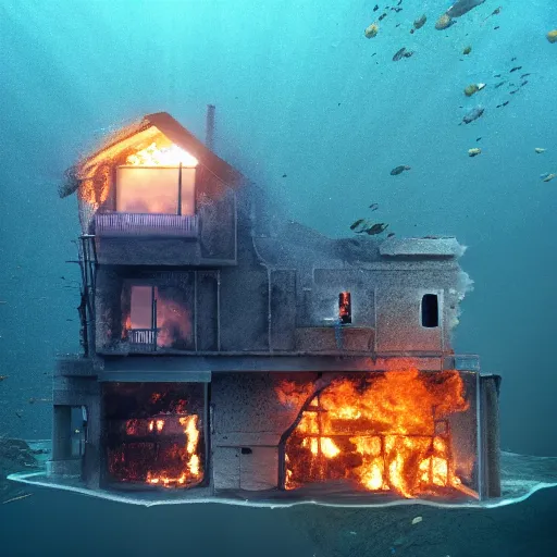 Image similar to a house burning underwater, with a humanois robot standing out to it, 8 k resolution, colorful, mariana trench