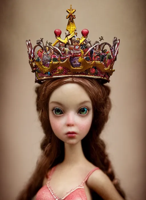 Image similar to highly detailed closeup, face profile portrait of a tin toy fairytale princess wearing a crown, bikini, unreal engine, nicoletta ceccoli, mark ryden, earl norem, lostfish, global illumination, detailed and intricate environment