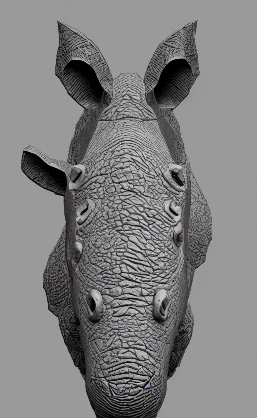 Prompt: rhino head made of black cast iron on a black background. gothic baroque. low poly. symmetry. epic. ominous shapes. hyper detailed.