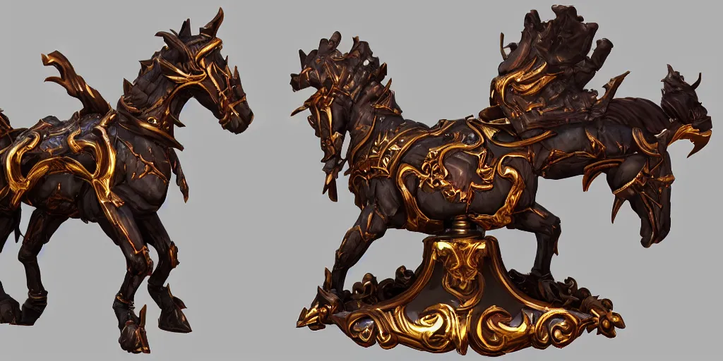 Image similar to a 3d sculpt of a baroque evil circus carousel horse, world of warcraft, league of legends, dark souls