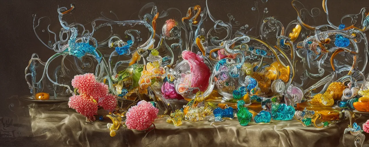 Prompt: ultradetailed photorealistic still life with jelly flowers by ernst haeckel, jan brueghel, james jean and salvador dalí, slime and tentacles, wide angle, minimalistic cinematic composition, octane render, bokeh, unreal engine, 4k, 3d render