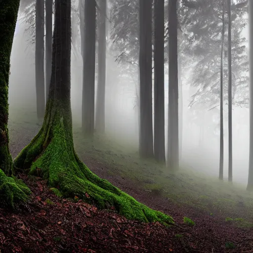 Prompt: Foggy forest with huge trees overgrown with moss and lianas, a hunter in combat wooden exoskeleton with chrome details walks between the roots. 64 megapixels, 8K resolution, DSLR filmic HDR, 3D shading Behance HD CGSociety Cinema 4D IMAX shadow depth rendered in Blender Unreal Engine hyperrealism photoillustration, lots of reflective surfaces, subsurface scattering