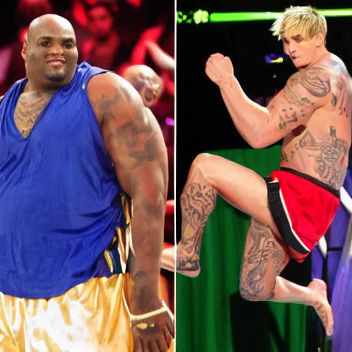 Image similar to the legendary hero aaron carter defeating shaq