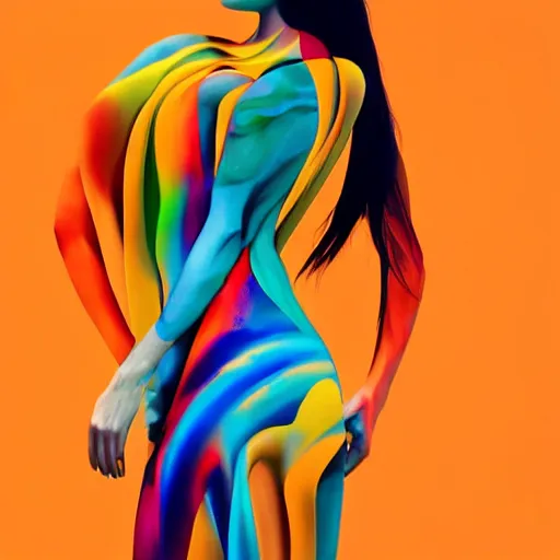 Image similar to beautiful model girl body art fabric skin turns into dress with colouful plastic bad folds heavy brushstrokes style of jonathan zawada, thisset colours simple background gradient objective light orange and blue amber colours