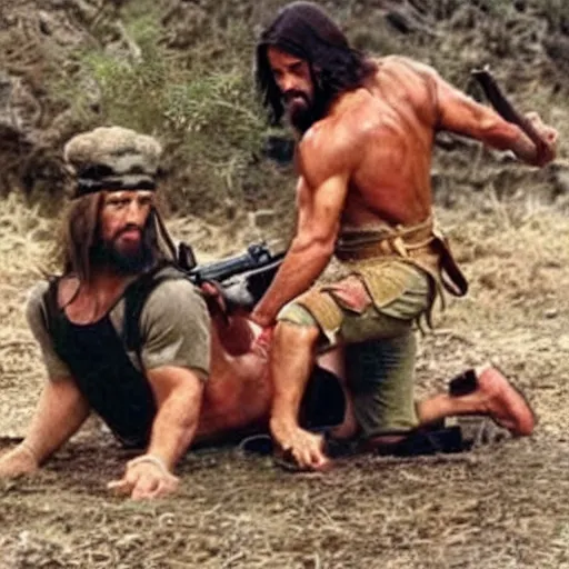 Prompt: jesus cross over rambo