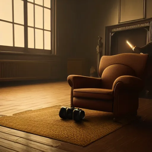 Image similar to Lonely and depressed robot sitting on a couch in front of a large fireplace in a Victorian home in the future. octane render, extremely detailed, cinematic lighting, 8k, lens flare, cinematic movie photograph, closeup portrait, trending on artstation, cgsociety, award-winning art, by Simon Stalenhag.