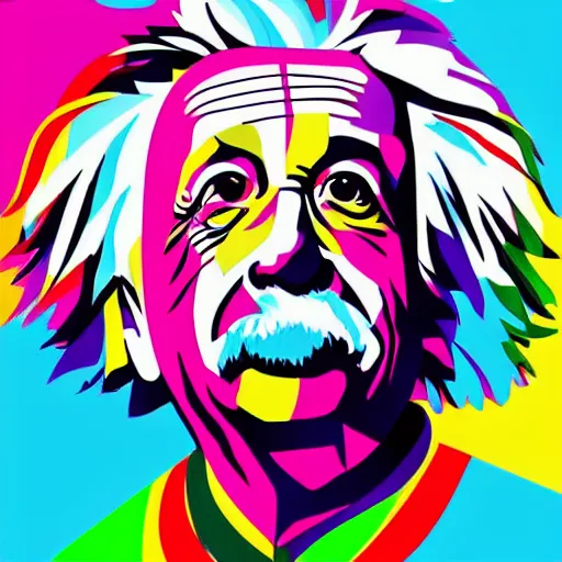 Prompt: vividly colorful vector art of Albert Einstein wearing a VR headset
