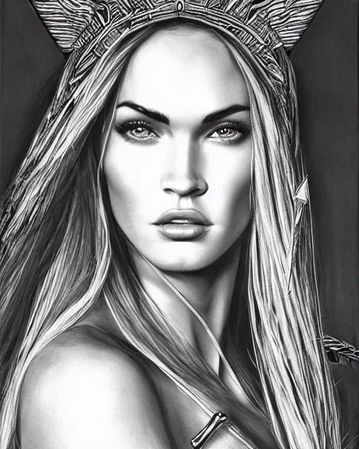 Image similar to portrait of beautiful megan fox as greek goddess aphrodite, archer, arrow on the head, beautiful piercing eyes, flowing blonde hair, realistic face, black and white drawing, in the style of greg rutkowski, fantasy, amazing detail, epic, intricate, elegant, smooth, sharp focus