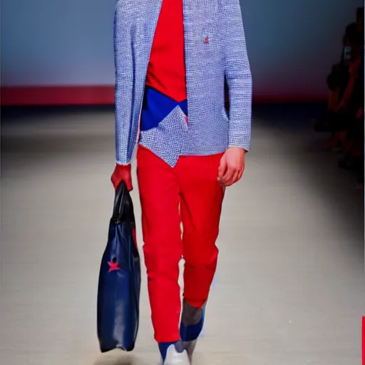 Image similar to fashion by Hugo Boss incorporating red white and blue, brutalist fashion show, studio lighting