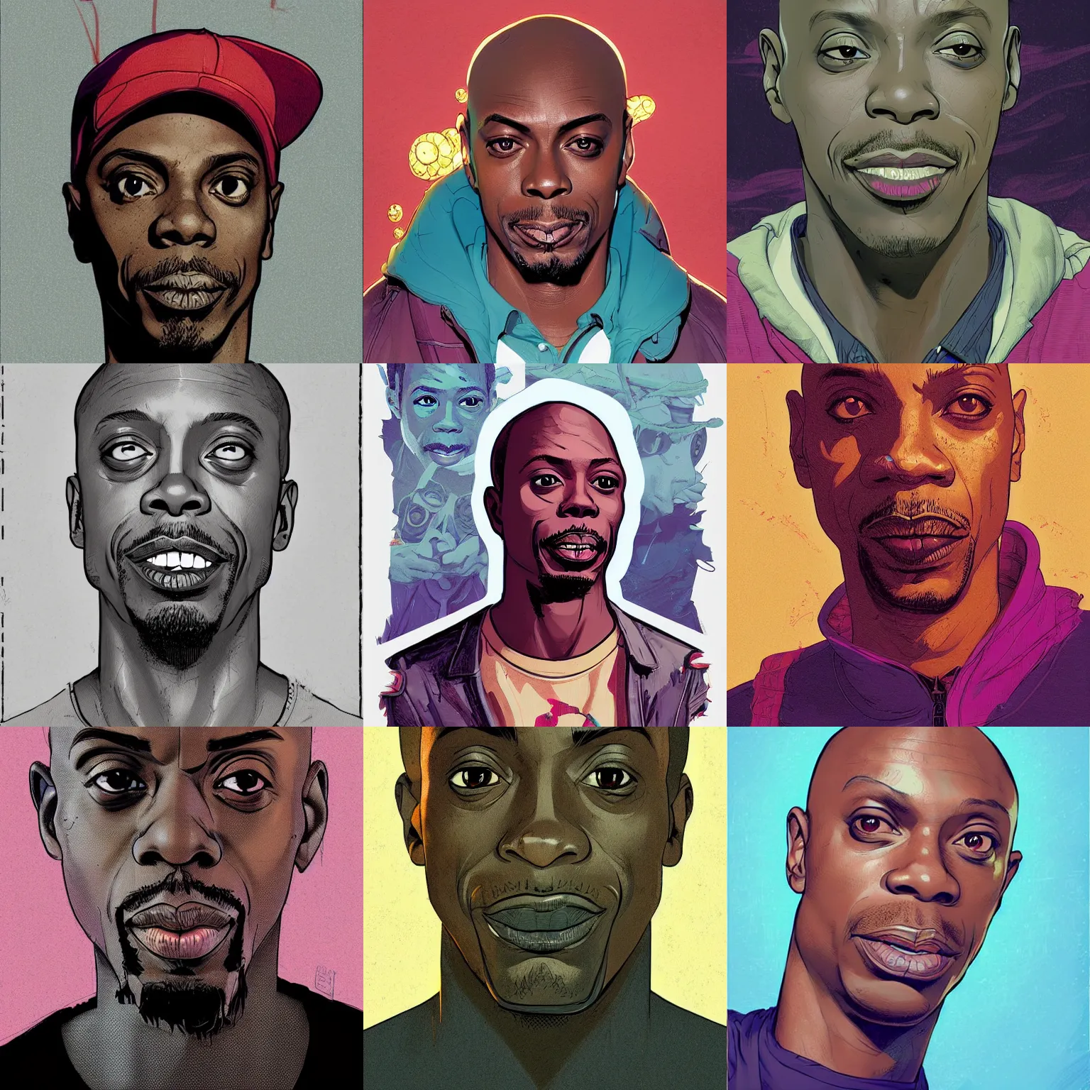 Prompt: a study of cell shaded portrait of Dave Chapelle concept art, llustration, post grunge, concept art by josan gonzales and wlop, by james jean, Victo ngai, David Rubín, Mike Mignola, Laurie Greasley, highly detailed, sharp focus, turtle, Trending on Artstation, HQ, deviantart, art by artgem