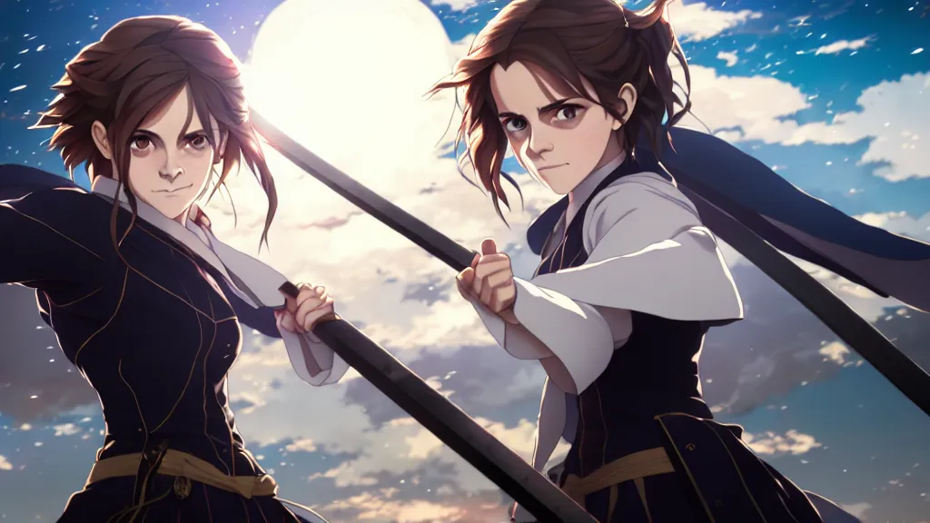 Prompt: a very detailed key visual of emma watson, demon slayer, ufotable, high quality, artgerm, action, on a street, night, fate stay night, unlimited blade works, greg rutkowski, high resolution, dynamic pose, landscape, medium portrait, samurai outfit, action, hyper realistic, anime, koyoharu gotouge, sakuga