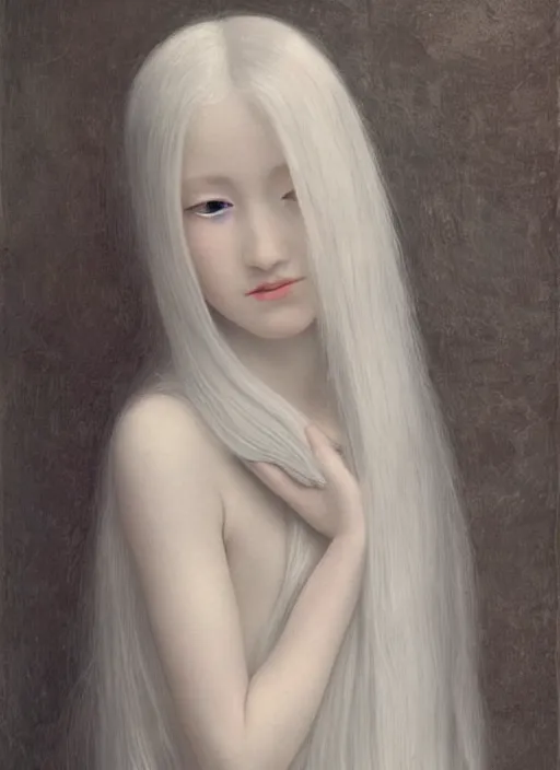 Image similar to thin young wan beautiful angel, silver hair so long, pale!, long silver hair, silver angel wings, smooth skin, wan adorable korean face, silver hair!!, style of fernand khnopff and lucien levy - dhurmer, oil on canvas, 1 8 6 2, 4 k resolution, aesthetic! beautiful!,