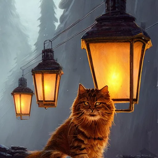 Prompt: concept art, siberian cat behind lanterns, 8 k, by james gurney, greg rutkowski, john howe, artstation