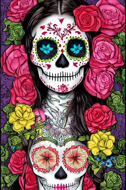Prompt: Illustration of a sugar skull day of the dead girl, art by tom chambers