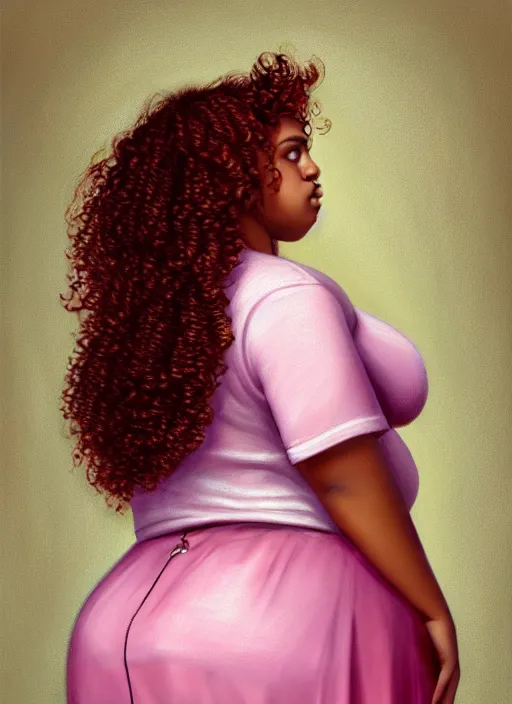 Image similar to full body portrait, teenage vanessa morgan, pink hair, brown skin, obese, curly pixie hair, sultry, realistic, short hair, hoop earrings, skirt, shirt, fat, belly, intricate, elegant, highly detailed, digital painting, artstation, concept art, smooth, sharp focus, illustration, art by wlop, mars ravelo and greg rutkowski