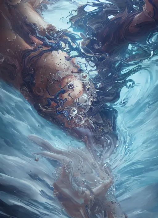 Image similar to high intricate fluid water demons, maria panfilova, andrea savchenko, mike kime, ludovic plouffe, qi sheng luo, oliver cook, makoto shinkai, trending on artstation