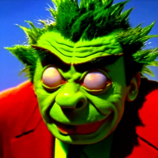 Image similar to mr. bean as blanka from the streetfighter movie. movie still. cinematic lighting.