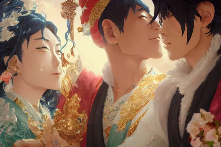 Image similar to close up moment of a divine a japan sun god and a moon goddess lovers magician at a wedding banquet, highly detailed, d & d, fantasy, 4 k realistic, digital painting, trending on artstation, concept art, sharp focus, illustration, art by makoto shinkai and akihiko yoshida and daniel gerhartz