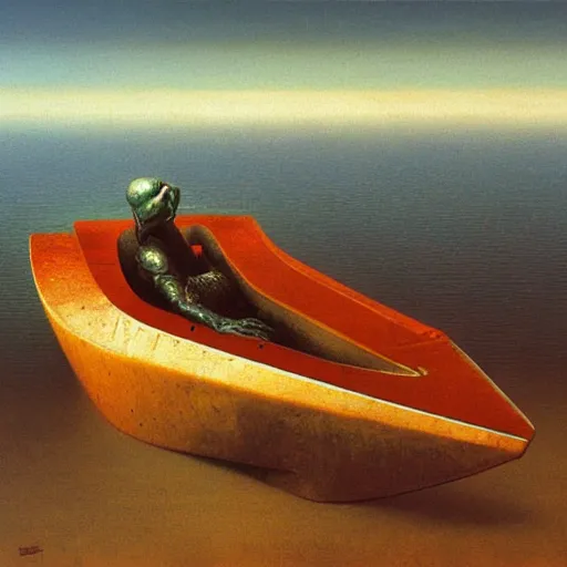 Image similar to a combat skiff by Zdzisław Beksiński, oil on canvas