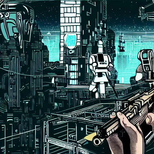 Prompt: detailed, intricate illustration of robot jesus shooting a gun in a cyberpunk city