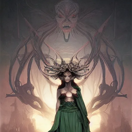 Prompt: An Evil Starbucks Siren, fullbody, intricate, demonic, video game art, highly detailed, artstation, green field with village ruins, concept art, smooth, sharp focus, illustration, art by greg rutkowski and orientalism and bouguereau and Zdzislaw Beksinski, good clear quality, lighting, biology, symmetrical artwork, perfect face, 135 mm, cinematic, hyper realism, high detail, octane render, 8k, chrome accents