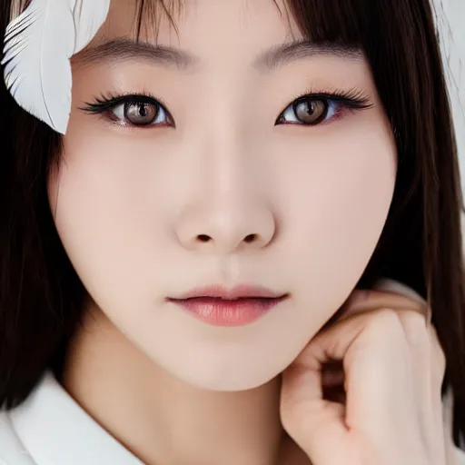 Prompt: photo portrait of beautiful Japanese women with perfect eyes and simetrical face, she have delicate traditional make up, feather in hand, cinematic light, shot by best Japanese portrait photographer 8k