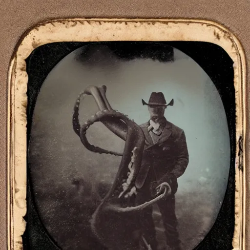 Image similar to underwater tintype photo of a cowboy riding a giant squid