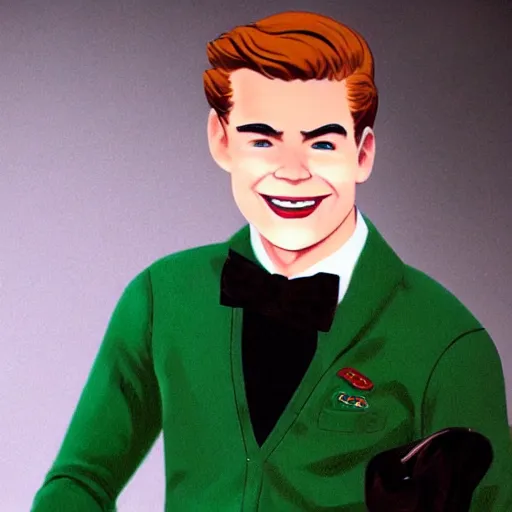 Prompt: Archie Andrews wearing a green bow tie and a black sweater, realistic portrait, high detail