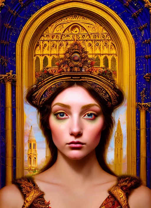 Image similar to portrait of a beautiful young goddess' face merging with a cathedral building, unusual beauty, etheric, outworldly colours, emotionally evoking symbolic metaphors, head in focus, fantasy, ornamental, intricate, elegant, highly detailed painting atyle photo, artstation, concept art, painterly, golden ratio, sharp focus, illustration, art by John William Godward and Zdzisław Beksiński, Antonio Mora,