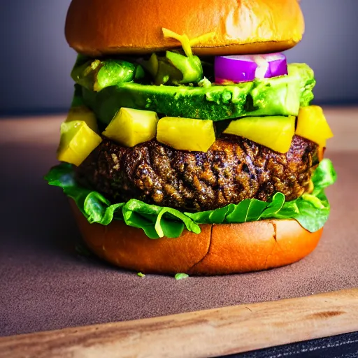 Prompt: juicy vegan hamburger topped with pineapple and avocado, crispy buns, 8 k resolution, food photography, studio lighting, sharp focus, hyper - detailed