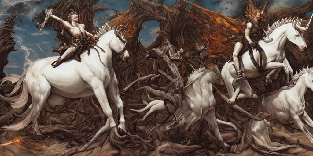 Prompt: the sacrifice of the white unicorn, fighting, struggling by gerald brom