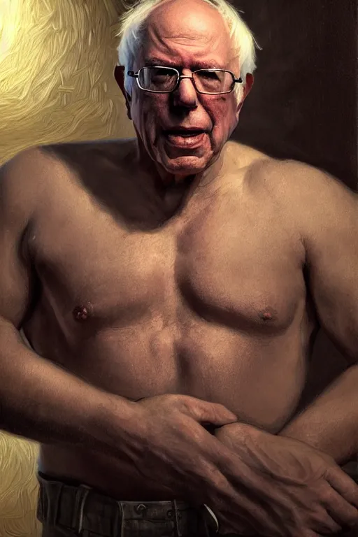 Image similar to portrait of a president bernie sanders posing ultra realistic illustration, a hulking herculean gigachad, bulging muscles, intricate, highly detailed, digital painting, artstation, radiant light, caustics, war hero, concept art, smooth, sharp focus, by gaston bussiere, bayard wu, giger, maxim verehin