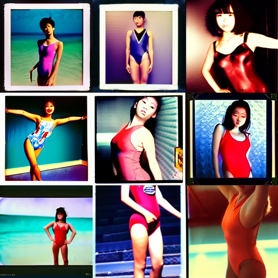 Prompt: epic, cinematic 1 9 9 0 s film still movie shot of a japanese idol wearing leotard swimsuit. instagram photo at behance, polaroid kodak portra, hollywood