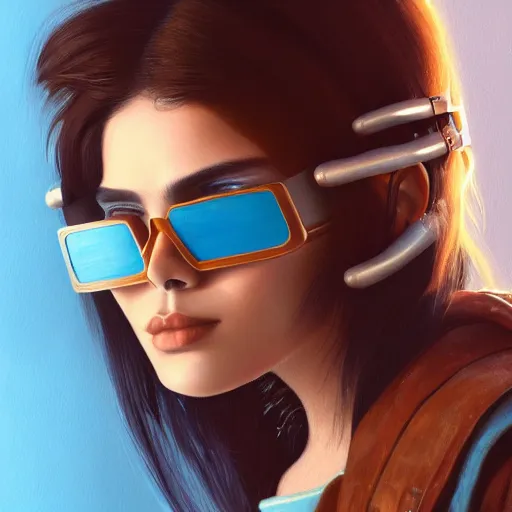 Prompt: closeup painting of a very beautiful young mexican cyberpunk woman smirking, wearing light blue shutter shades and a leather jacket, one side haircut, long brown hair with light blue ends, portrait, hyperdetailed, artstation, cgsociety, 8 k