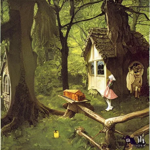 Prompt: witch cottage rococo in the forest, art by norman rockwell