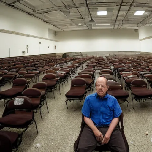 Image similar to werner herzog sits surrounded by empty chairs in the waiting area of the dmv. ultra wide angle, wes anderson, award winning, hyperrealistic, grand budapest hotel, studio lighting, very detailed face, 4 k