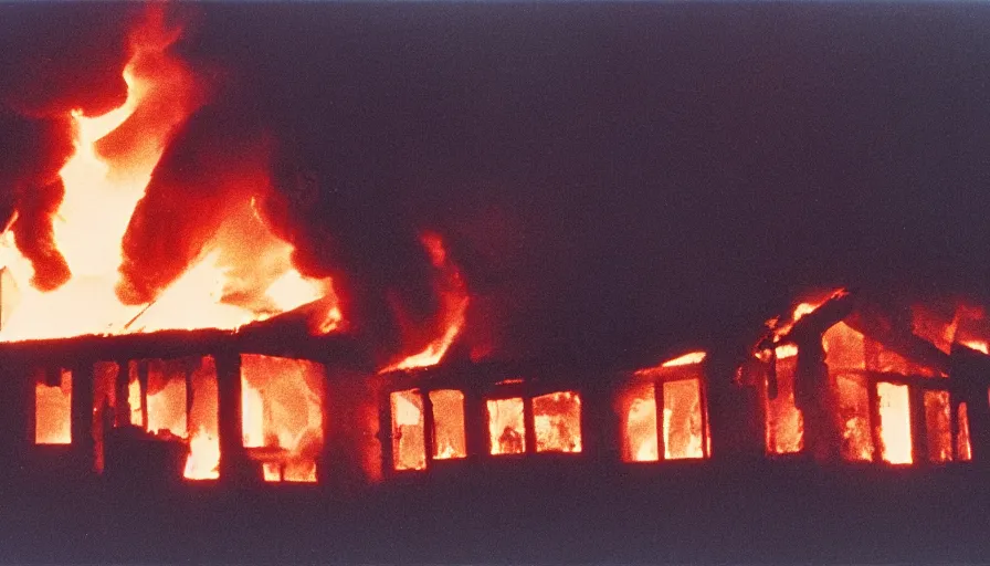 Image similar to 1 9 7 0 s movie still of a heavy burning house in a small french village, cinestill 8 0 0 t 3 5 mm, heavy grain, high quality, high detail, dramatic light, anamorphic, flares