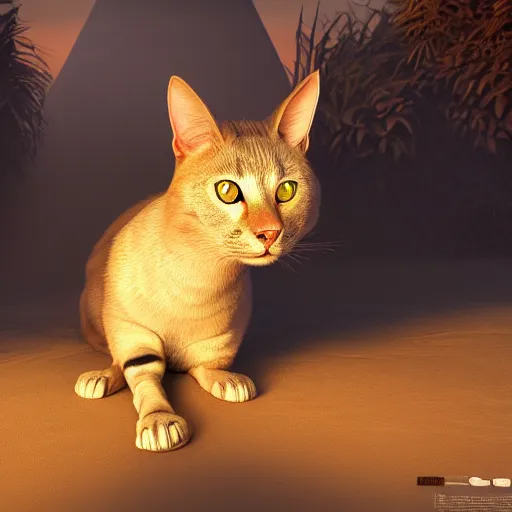 Image similar to egyptian cat, golden hour, fantasy, sharp focus, digital art, hyper realistic, 4 k, unreal engine, highly detailed, hd, dramatic lighting by brom, trending on artstation