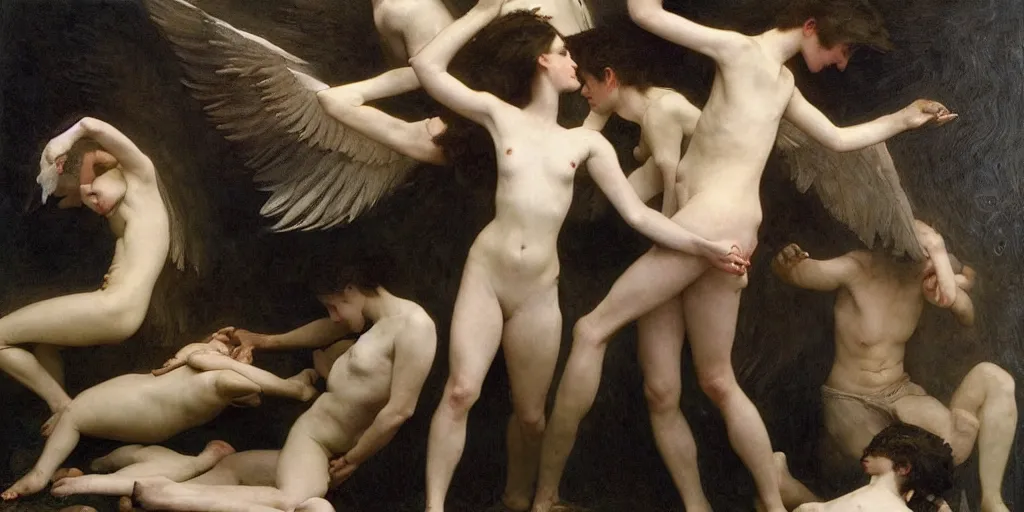 Image similar to a thousand of wings, white swan, feathers, mixed with human arms. by william bouguereau, andrew wyeth and nicola samori. dark atmosphere. dark space