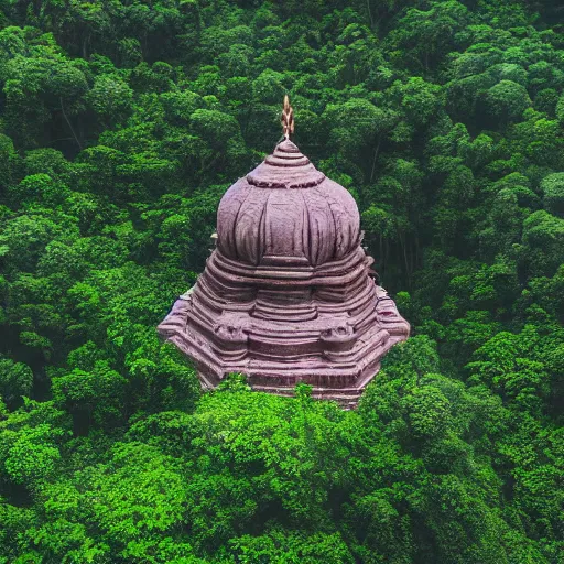 Image similar to aerial realistic film photograph of india tribe in jungle with strange temple