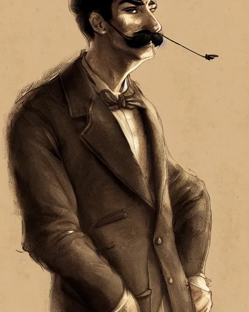 Image similar to a portrait of a male vintage thief with mustache by Cedric Peyravernay