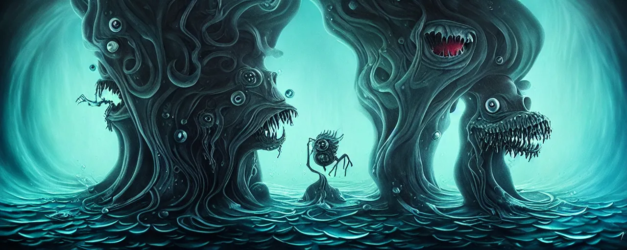 Image similar to whimsical watery alchemical monsters, surreal dark uncanny painting by ronny khalil