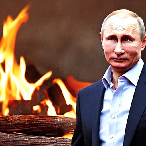 Image similar to vladimir putin in a waistcoat staring at a log fire photograoh